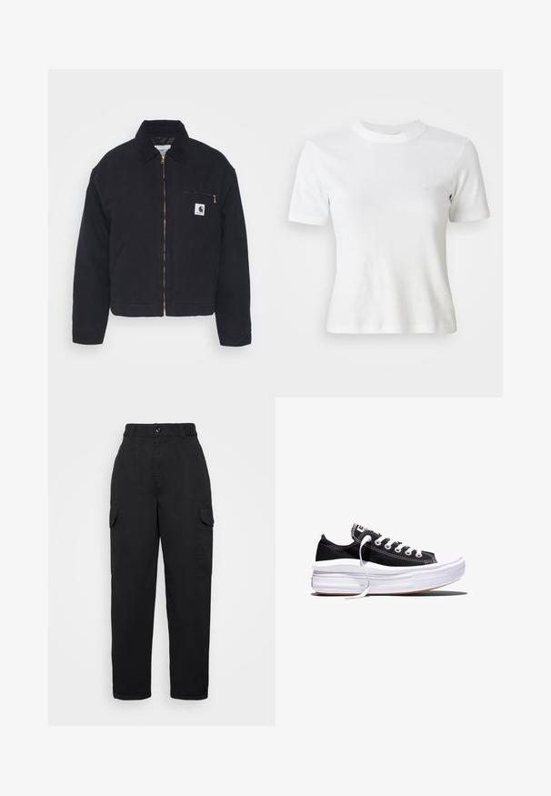 Veste en denim noir avec un col en velours côtelé, fermeture éclair à l'avant et une poche poitrine avec une fermeture éclair dorée et un patch logo sur le côté gauche.; T-shirt blance à manches courtes en côte, avec un col rond et un petit logo sur la poitrine. Fabriqué en tissu doux avec une coupe ajustée.; Pantalon cargo noir à taille haute, avec des plis à l'avant, deux poches latérales et une coupe décontractée, fabriqué en tissu robuste avec une texture lisse.; Baskets basses en toile noire avec des lacets blancs et une semelle épaisse en caoutchouc blanc multi-couches sur fond blanc.