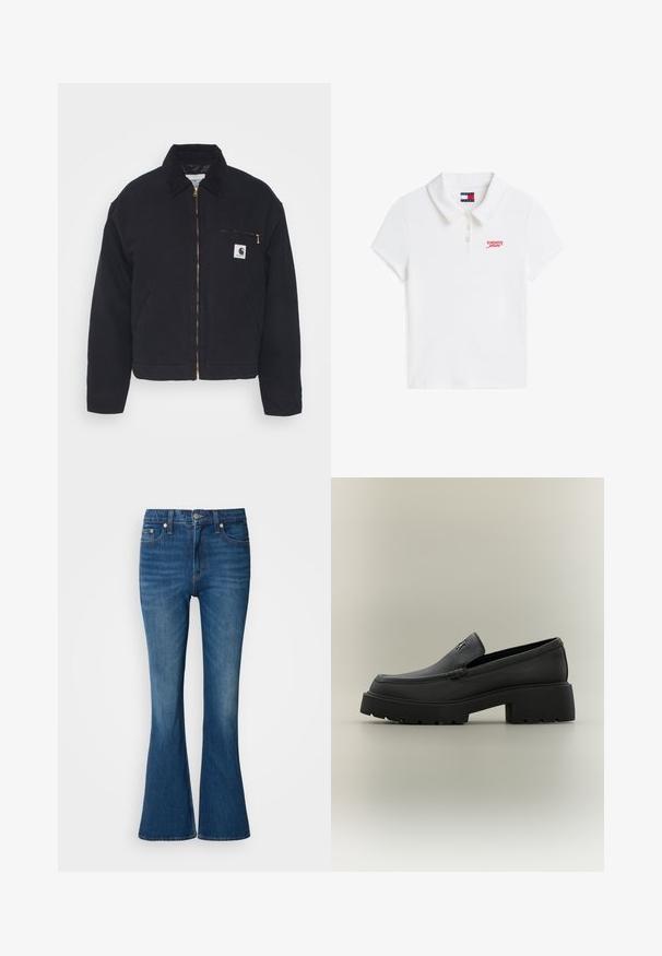 Veste en denim noir avec un col en velours côtelé, fermeture éclair à l'avant et une poche poitrine avec une fermeture éclair dorée et un patch logo sur le côté gauche.; Polo blanc à manches courtes avec trois boutons, un col replié et le logo rouge "tommy Jeans" sur la poitrine gauche.; Jean flare bleu avec un délavage, comportant un bouton et une fermeture éclair, des poches avant et une ouverture de jambe légèrement plus large en bas.; Mocassin en cuir noir avec semelle épaisse, talon bloc et petit logo métallique sur la tige, présenté de profil sur un fond neutre.