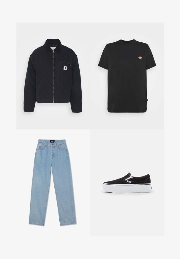 Sort denimjakke med en kordfløjskrave, lynlås foran og en brystlomme med en gylden lynlås samt et logo patch på venstre side.; Sort bomulds T-shirt med korte ærmer, rund hals og et farverigt logo på venstre bryst. Lige kant med detalje af sideetiket.; Lyseblå denimjeans med lige pasform, fem lommer, knaplukning og subtile slidmærker foran.; Sorte canvas slip-on sko med en hvid gummi sål, der har elastiske sidelåg og kontrasterende syninger. Brandlogo synligt på siden.