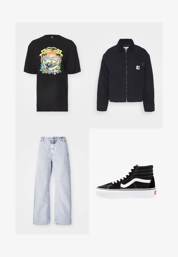 Veste en denim noir avec un col en velours côtelé, fermeture éclair à l'avant et une poche poitrine avec une fermeture éclair dorée et un patch logo sur le côté gauche.; T-shirt en coton noir avec un design graphique coloré représentant un coucher de soleil, des bambous et diverses plantes, y compris un symbole yin-yang et des champignons.; Jean en denim bleu clair à jambes larges, taille haute, avec fermeture à bouton et design à cinq poches. Texture douce et détails de couture visibles.; Baskets montantes noires avec des lacets blancs, un logo blanc et des coutures blanches contrastées. Dotées d'une épaisse semelle blanche et d'un dessus en daim texturé.