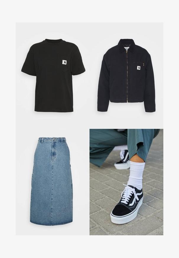 Veste en denim noir avec un col en velours côtelé, fermeture éclair à l'avant et une poche poitrine avec une fermeture éclair dorée et un patch logo sur le côté gauche.; T-shirt en coton noir à manches courtes, col rond et poche avant avec un logo carré en blanc et noir.; Obey Clothing JUNIPER MIDI SKIRT - Jupe trapèze - stonewash indigo; Baskets en suède noir avec des accents et des lacets blancs, présentant une épaisse semelle blanche et des coutures contrastantes, associées à une chaussette blanche.