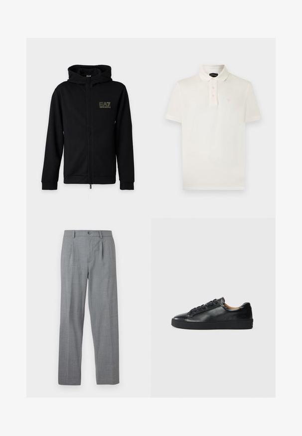 Μαύρο φούτερ με φερμουάρ και κουκούλα, με το λογότυπο EA7 Emporio Armani στο αριστερό στήθος, πάνω σε απλό φωτεινό φόντο.; Λευκό πόλο με κοντά μανίκια, τρία κουμπιά και μικρό κεντητό λογότυπο στο αριστερό στήθος.; Γκρίζο παντελόνι με υφή υφάσματος, ίσια γραμμή και κούμπωμα με ένα μπροστινό κουμπί, διακοσμημένο με πτυχώσεις.; Μαύρο δερμάτινο αθλητικό παπούτσι με λεία υφή, στρογγυλή μύτη και κορδόνια. Διαθέτει παχιά καουτσούκ σόλα και ελάχιστες λεπτομέρειες branding.