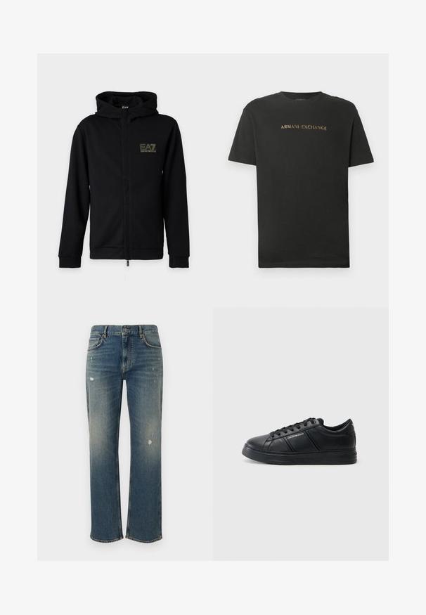 Čierna mikina na zips s kapucňou s logom EA7 Emporio Armani na ľavej strane hrudníka na jednoduchom svetlom pozadí.; Čierne tričko s krátkym rukávom a okrúhlym výstrihom s nápisom "ARMANI EXCHANGE" vytlačeným zlatým písmom na hrudníku.; Denimové jeansy v stredne modrej farbe s rovný strihom, s jemným vyblednutím a poškodenými miestami. Klasický dizajn s piatimi vreckami a zapínaním na horný gombík.; Čierne kožené tenisky so hladkým povrchom, zaoblenou špičkou, viazaním vpredu, polstrovaným golierom a textúrovanými bočnými akcentmi. Viditeľný jemný detail loga.