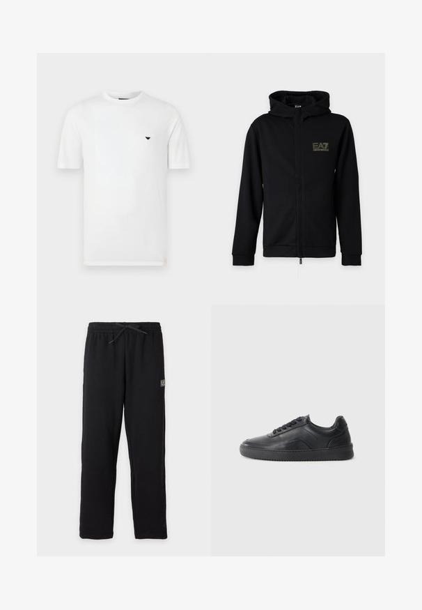 Sweat à capuche zippé noir avec capuche et logo EA7 Emporio Armani sur le côté gauche de la poitrine sur un fond clair uni.; T-shirt en coton blanc avec col rond et manches courtes. Présente un petit logo noir sur le côté gauche de la poitrine. Texture lisse, coupe décontractée.; Pantalon de survêtement noir avec taille élastique et cordon, avec un petit patch logo EA7 rectangulaire sur la partie supérieure de la cuisse gauche.; Chaussure de sport en cuir noir avec une finition lisse, bout arrondi, panneau latéral texturé et lacets noirs. Présente une semelle en caoutchouc plate et un design minimaliste.