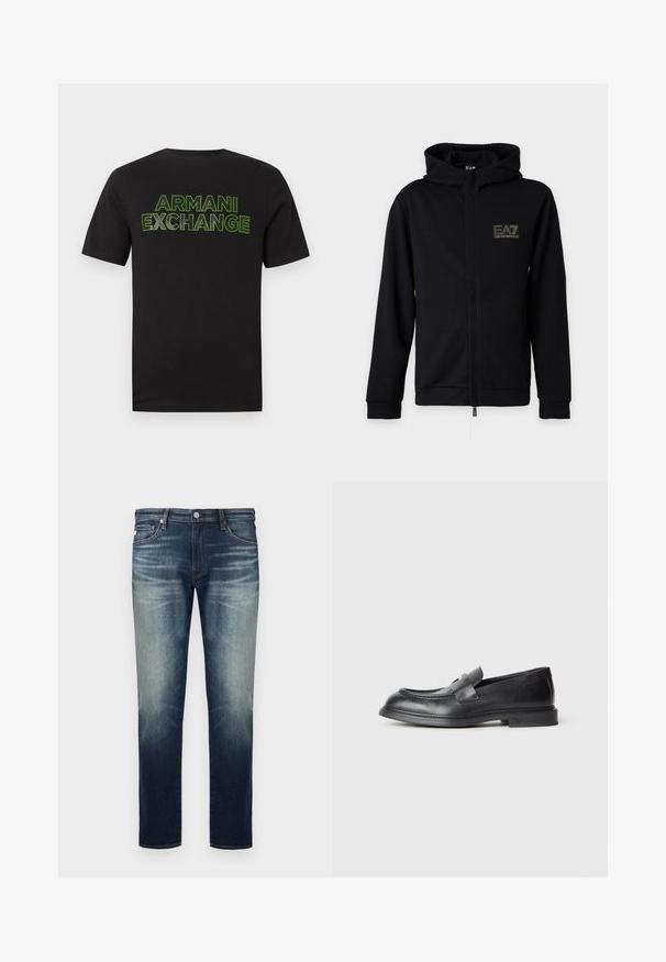 Sweat à capuche zippé noir avec capuche et logo EA7 Emporio Armani sur le côté gauche de la poitrine sur un fond clair uni.; T-shirt noir à manches courtes avec le texte "ARMANI EXCHANGE" en contour vert néon sur la poitrine, sur un fond blanc uni.; Jean droit bleu pour hommes avec décoloration sur les cuisses et les genoux, fermeture avant par bouton et fermeture éclair, et design à cinq poches.; Mocassins en cuir noir avec une finition texturée, dotés d'une bride décorative à l'avant et d'un bout arrondi. Semelle en caoutchouc pour plus de durabilité.