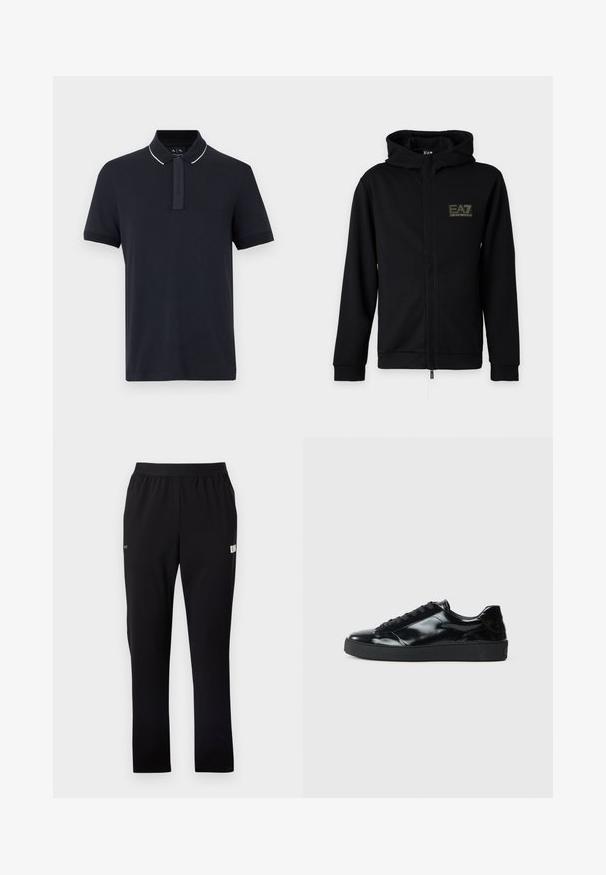 Sweat à capuche zippé noir avec capuche et logo EA7 Emporio Armani sur le côté gauche de la poitrine sur un fond clair uni.; Polo bleu marine à manches courtes avec bordure de col blanche et patte de boutonnage dissimulée, présenté sur un fond neutre.; Pantalon de sport noir en matériau lisse et extensible. Dispose d'une ceinture élastique et de poches latérales. Design simple à jambes droites.; Baskets en cuir verni noir avec un bout arrondi, un laçage, une semelle en caoutchouc texturé et une finition lisse.