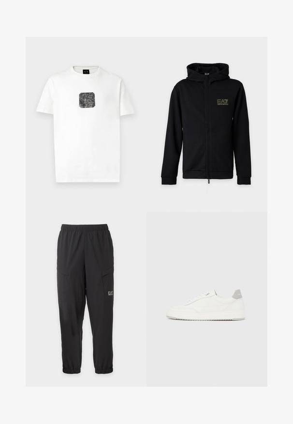 Sort lynlåstrøje med hætte og EA7 Emporio Armani-logo på venstre bryst mod en ensartet lys baggrund.; Hvid t-shirt med korte ærmer, der har et lille sort firkantet grafik med hvide prikker og teksten "Armani Exchange" på brystet.; Sorte afslappede bukser med elastisk talje og manchetter, sideflappelommer og lille hvid EA7 Emporio Armani logo på højre lår.; Hvid lavtop-sneaker med gråt hælflig, hvide snørebånd og tekstureret sål, vist på en ensfarvet lys baggrund.
