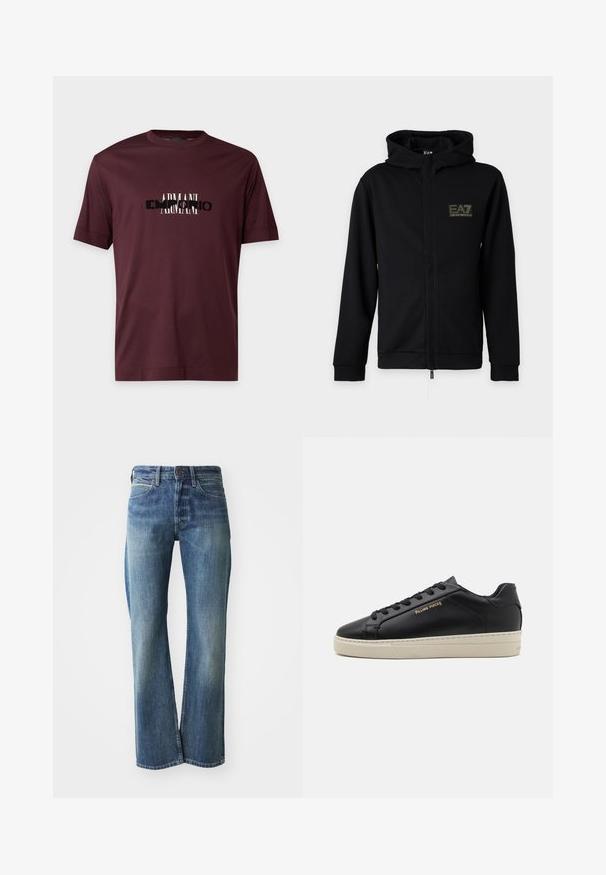 Sweat à capuche zippé noir avec capuche et logo EA7 Emporio Armani sur le côté gauche de la poitrine sur un fond clair uni.; T-shirt bordeaux à manches courtes et col rond, avec un texte de logo "Armani" superposé en blanc et noir sur la poitrine.; Jeans en denim de couleur bleu clair à moyen, coupe droite, design classique à cinq poches et décoloration subtile à l'avant.; Sneaker en cuir noir avec une finition lisse, semelle crème contrastante, bout arrondi, logo doré sur le côté et six œillets pour les lacets.