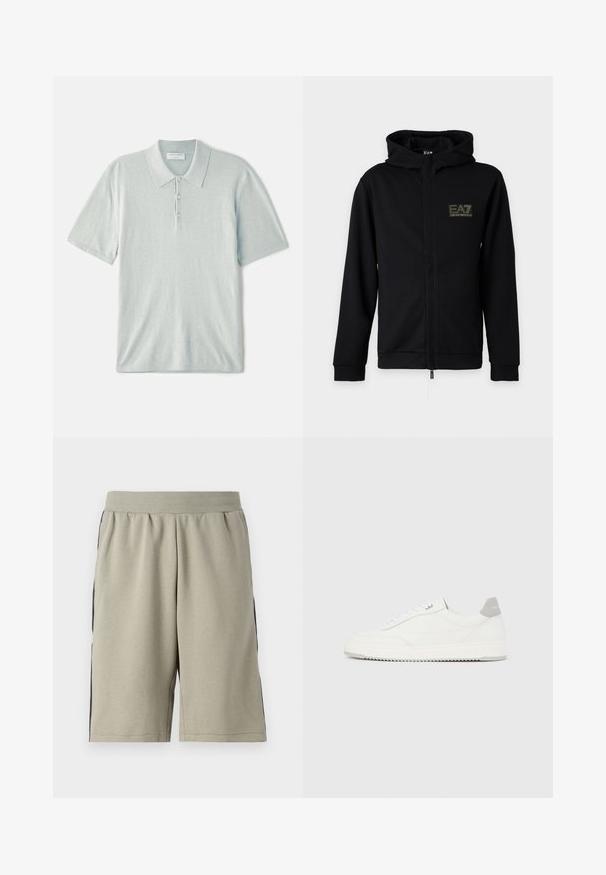 Schwarzer Kapuzenpullover mit Reißverschluss und EA7 Emporio Armani-Logo auf der linken Brust vor schlichtem hellem Hintergrund.; Hellblaues Poloshirt aus weichem Stoff, mit klassischem Kragen, Drei-Knopf-Leiste und kurzen Ärmeln. Minimalistisches Design.; Hellgraue, knielange Shorts aus weichem Material, mit einem schwarzen Streifen an jeder Seite und einem elastischen Bund für zusätzlichen Komfort.; Weißer Sneaker mit niedrigem Schaft, grauem Fersenlaschen, weißen Schnürsenkeln und einer strukturierten Sohle, dargestellt vor einem schlichten hellen Hintergrund.