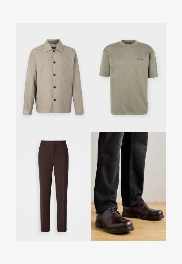 Lys beige jakke med skjortehalset, frontlukning med knapper, to sidelommer og en strømlinet, let løs pasform. Blød tekstur.; Lyse olivengrøn kortærmet strikket T-shirt med rund halsudskæring og lille sort "Marc O'Polo" logo på venstre bryst.; Brune bukser med lige ben, der har en enkelt forskydning foran, en knaplukning og en glat stofoverflade.; Brune lædersko med rund tå, snørelukning og kraftig sort gummisål, parret med mørke denim bukser.