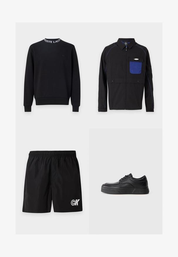 Sort jakke med en blå netlomme på brystet, kontrastfarvet blå syning og trykknapper. Designet med en frontlynlås og lange ærmer.; Sort sweatshirt med rund halsudskæring, hvid "LACOSTE" tekst, ribbede mansjetter og kant, samt et lille sort logo på brystet.; Calvin Klein Jeans LOGO SHORT - Træningsbukser - black; Sorte læder snøresneakers med tyk struktureret sål, afrundet tå og lav ankelhøjde på en ensfarvet hvid baggrund.