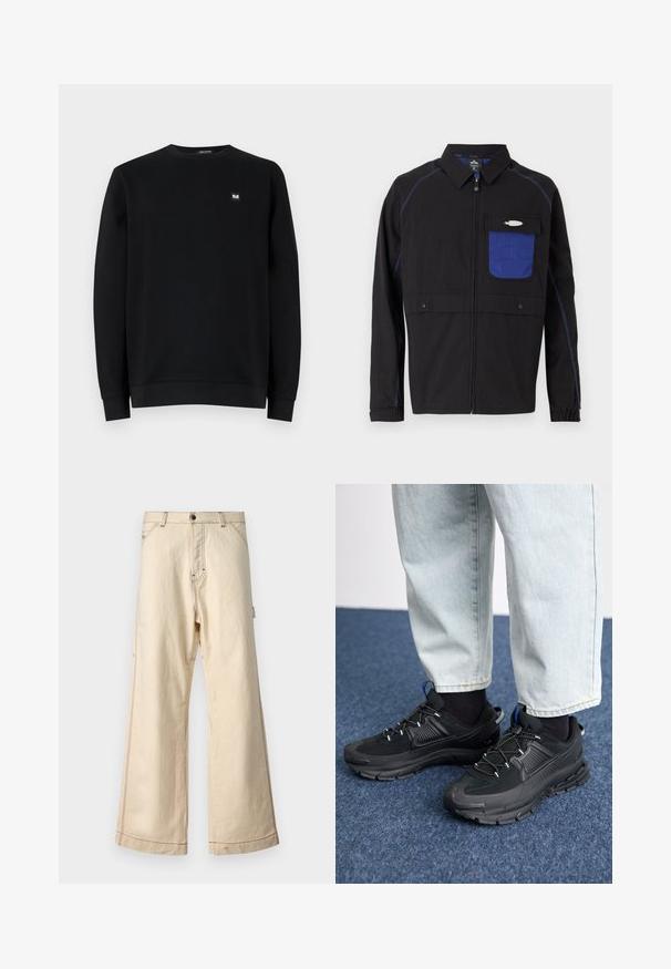 Sort jakke med en blå netlomme på brystet, kontrastfarvet blå syning og trykknapper. Designet med en frontlynlås og lange ærmer.; Sort sweatshirt, rund hals, lange ærmer, lavet af blødt stof. Har en lille logo-patch på brystet. Rent design, ingen mønstre.; Beige vide bukser lavet af bomuld med lynlås- og knaplukning, fremhævet af kontrasterende syning og sidelommer.; Sorte træningssko med tekstureret stof og gummisåler, udstyret med elastiske snørebånd og en blå detalje på hælen. Bæres med lyse denimbukser.