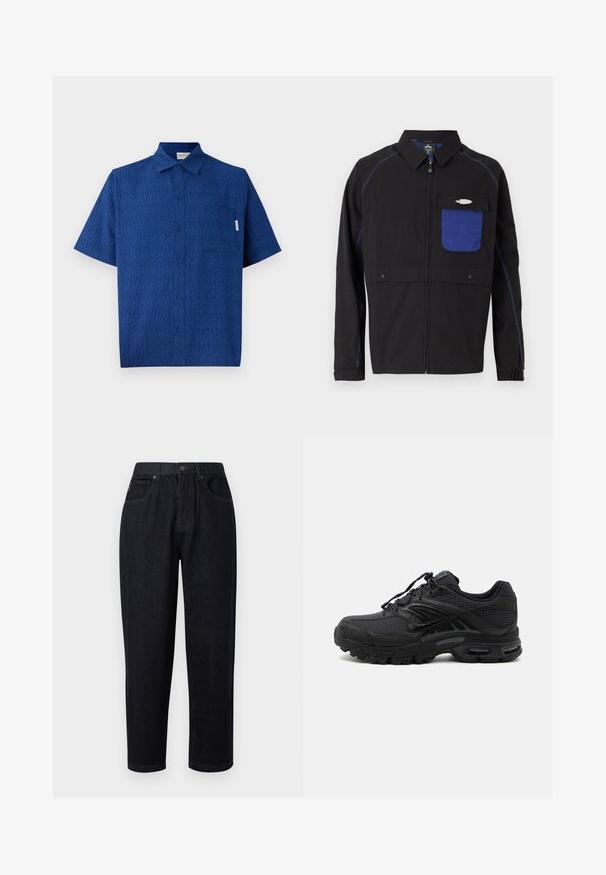 Schwarze Jacke mit einer blauen Netzbrusttasche, kontrastierenden blauen Nähten und Druckknöpfen. Entworfen mit einem Frontreißverschluss und langen Ärmeln.; Kurzarmliges blaues Hemd aus strukturiertem Stoff mit einem subtilen Muster, Knopfleiste vorne und einer einzigen Brusttasche.; Dunkelblaue Jeanshose mit einem lässigen Schnitt, ausgestattet mit einem Knopf- und Reißverschluss, zwei vorderen Taschen und Steppnähten.; Schwarzer athletischer Sneaker mit strukturiertem Stoff, dicker gepolsterter Sohle, Luftauslässen und Schnürverschluss, von der Seite auf hellem Hintergrund gezeigt.