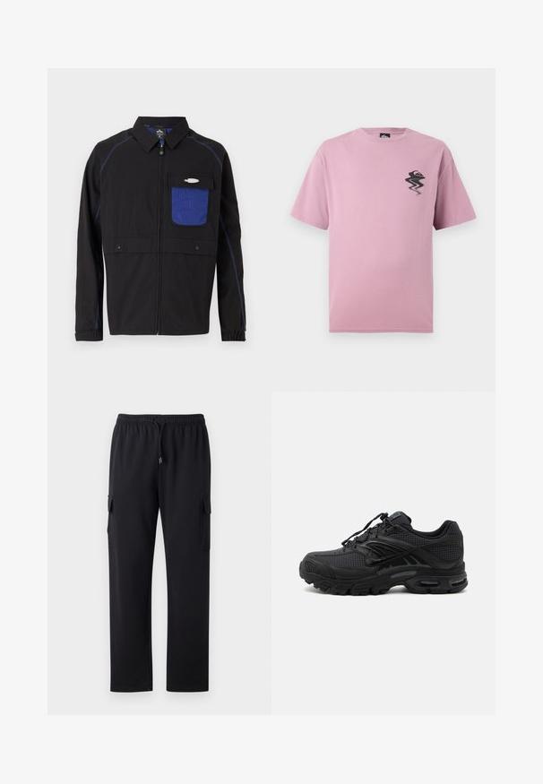 Veste noire avec une poche poitrine en mesh bleu, des coutures bleues contrastantes et des boutons-pression. Conçue avec une fermeture éclair sur le devant et des manches longues.; T-shirt léger violet à manches courtes avec un petit logo noir et orange déformé sur la poitrine gauche.; Pantalons cargo noirs avec une coupe décontractée, une taille élastique et un cordon de serrage. Comprend deux poches latérales pour le rangement. Texture de tissu douce.; Baskets de sport noires avec tissu texturé, semelle épaisse et rembourrée, aérations et fermeture à lacets, vues de profil sur fond clair.