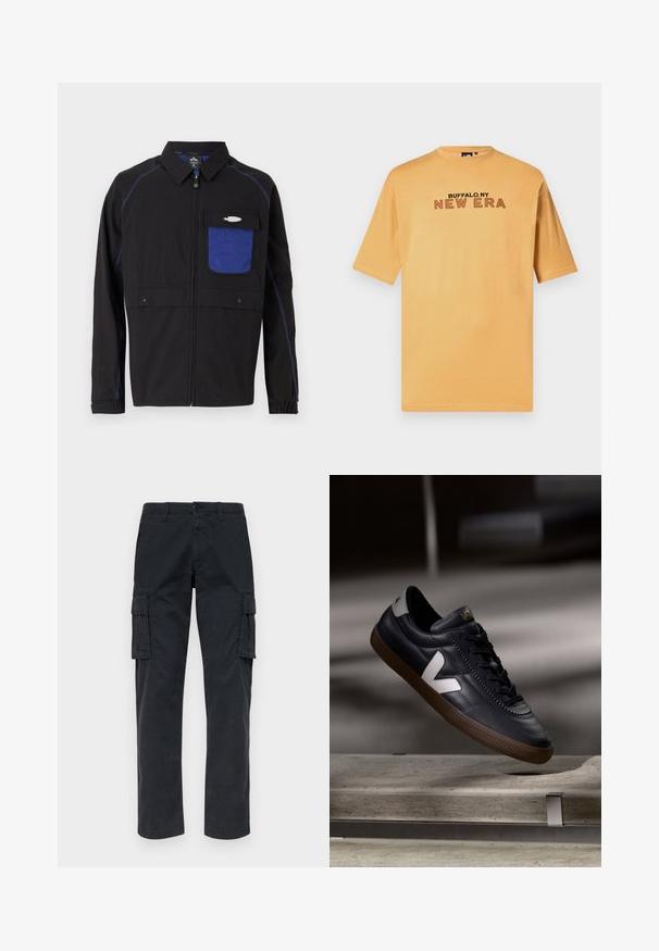 Zwarte jas met een blauwe mesh borstzak, contrasterende blauwe stiksels en drukknoopsluitingen. Ontworpen met een rits aan de voorkant en lange mouwen.; Korte mouwen t-shirt in lichtoranje katoen, met zwarte en rode tekst "BUFFALO.NY NEW ERA" over de borst. Klassiek ronde hals ontwerp.; Zwarte cargobroek van stevig materiaal, voorzien van twee zijzakken, rechte pijpen en een knoopsluiting bij de taille.; Zwarte leren sneakers met een wit V-logo, vetersluiting aan de voorkant, geperforeerde details en een bruine rubberen zool; strak ontwerp met minimale accenten.