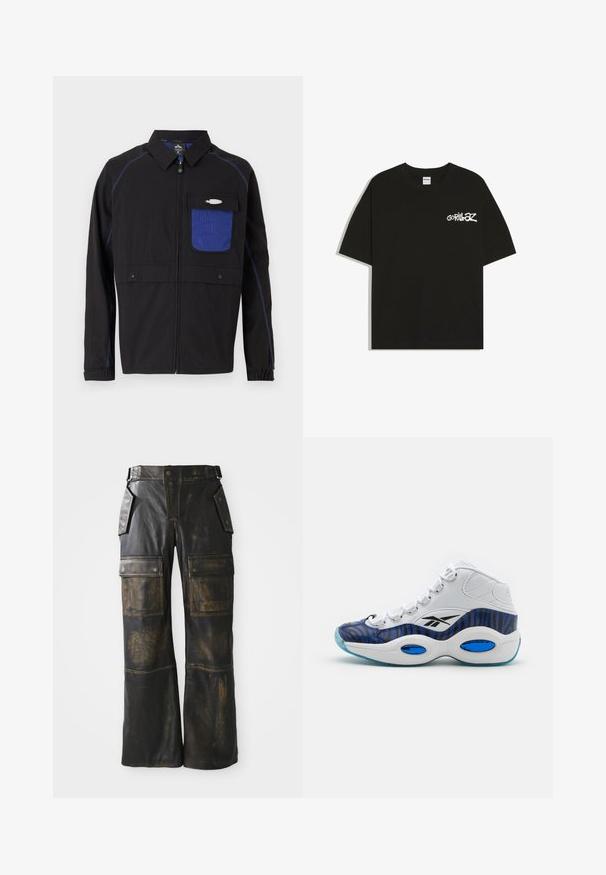 Schwarze Jacke mit einer blauen Netzbrusttasche, kontrastierenden blauen Nähten und Druckknöpfen. Entworfen mit einem Frontreißverschluss und langen Ärmeln.; Schwarzes Kurzarm-T-Shirt mit weißem "Gorillaz"-Textlogo auf der linken Brust und rundem Ausschnitt.; Schwarze Leder-Cargo-Hose mit abgenutzter Optik, großen Seitentaschen, hoher Taille und kontrastierender Naht entlang der Nähte.; Hochschuh mit oberem Teil aus weißem Leder, blauem und schwarzem Zebra-Muster, ausgestattet mit einer hellblauen, durchsichtigen Laufsohle.