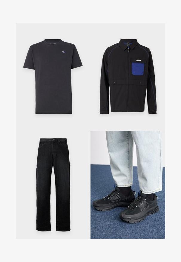 Veste noire avec une poche poitrine en mesh bleu, des coutures bleues contrastantes et des boutons-pression. Conçue avec une fermeture éclair sur le devant et des manches longues.; T-shirt en coton noir avec un col rond et des manches courtes, arborant un petit logo d'oiseau multicolore sur la poitrine gauche.; Jean en denim noir avec une coupe droite, dotés de poches avant, fermeture à bouton et poches latérales pour un rangement supplémentaire.; Des chaussures de sport noires avec un tissu texturé et des semelles en caoutchouc, dotées de lacets élastiques et d'un accent bleu au talon. Portées avec un pantalon en denim clair.