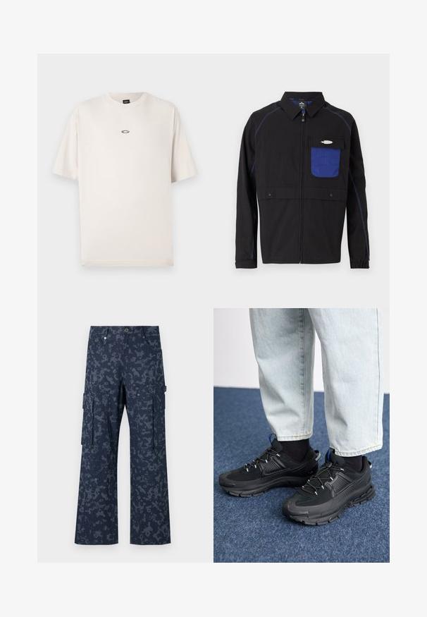 Veste noire avec une poche poitrine en mesh bleu, des coutures bleues contrastantes et des boutons-pression. Conçue avec une fermeture éclair sur le devant et des manches longues.; Oakley RISE TEE - T-shirt basique - mist; Sean John SCRIPT LOGO CAMOUFLAGE - Pantalon cargo - blue; Des chaussures de sport noires avec un tissu texturé et des semelles en caoutchouc, dotées de lacets élastiques et d'un accent bleu au talon. Portées avec un pantalon en denim clair.