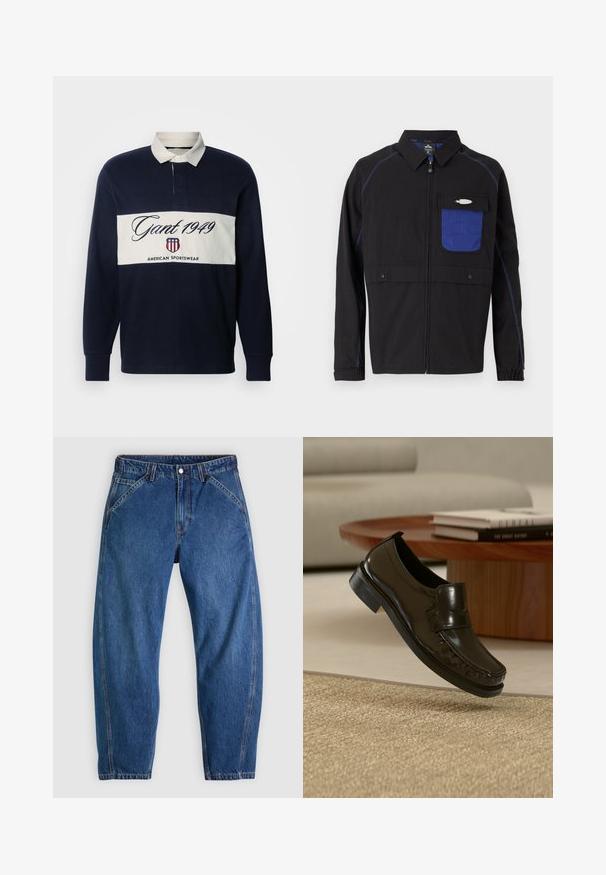 Veste noire avec une poche poitrine en mesh bleu, des coutures bleues contrastantes et des boutons-pression. Conçue avec une fermeture éclair sur le devant et des manches longues.; Polo à manches longues bleu marine avec col blanc et bande horizontale blanche. Présente le logo "Gant 1949" et le branding American Sportswear. Matière en mélange de coton.; Jean en denim bleu à coupe décontractée, doté d'une fermeture à boutons, de cinq poches et de surpiqûres orange contrastantes. Texture lisse sur toute la surface.; Mocassin en cuir noir à enfiler flottant au-dessus d'un tapis beige tissé avec une table basse en bois et des livres en arrière-plan.