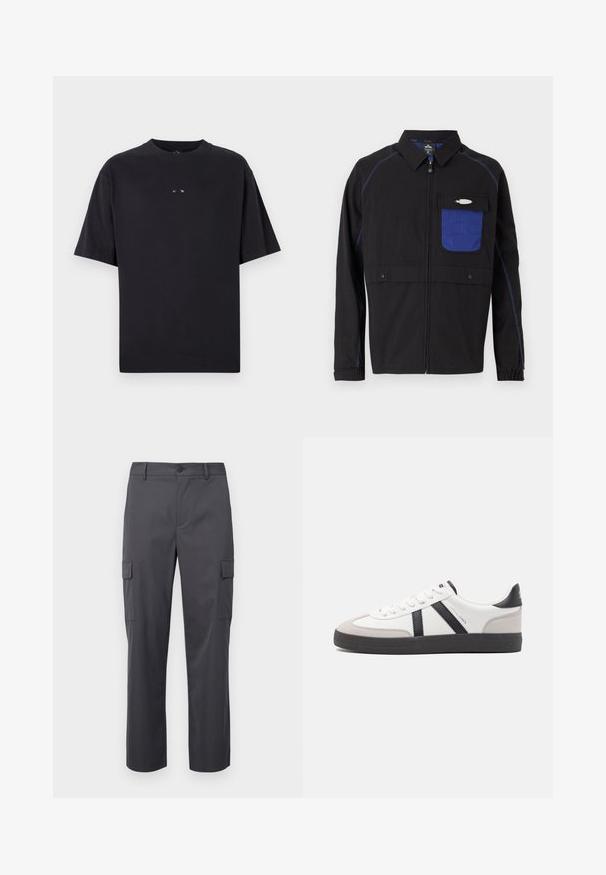 Schwarze Jacke mit einer blauen Netzbrusttasche, kontrastierenden blauen Nähten und Druckknöpfen. Entworfen mit einem Frontreißverschluss und langen Ärmeln.; Oakley RISE TEE - T-Shirt basic - blackout; Kohlgraue Cargo-Hosen aus glattem Stoff, mit geradem Bein, zwei Seitentaschen und einem Knopfverschluss an der Taille.; Weiße Sneaker mit schwarz- und grau-aczenten, ausgestattet mit einer strukturierten grauen Zehenkappe, schwarzer Gummi-Sohle und flachen weißen Schnürsenkeln. Sauberes Design, minimalistische Stil.