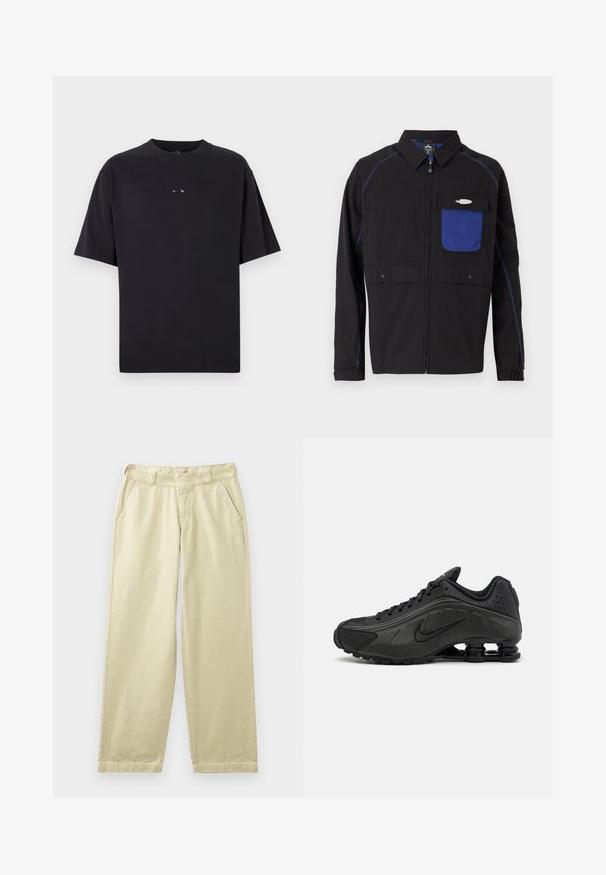 Zwarte jas met een blauwe mesh borstzak, contrasterende blauwe stiksels en drukknoopsluitingen. Ontworpen met een rits aan de voorkant en lange mouwen.; Oakley RISE TEE - T-shirt basic - blackout; Beige katoenen broek met een relaxte pasvorm, voorzien van zijzakken, ceintuurlussen en rechte pijpen. Gladde textuur met minimale stikdetails.; Zwarte hardloopschoenen met een glad bovenwerk van synthetisch materiaal, geperforeerde accenten, gestructureerde zijpanelen en een opvallende veerkrachtige zool.