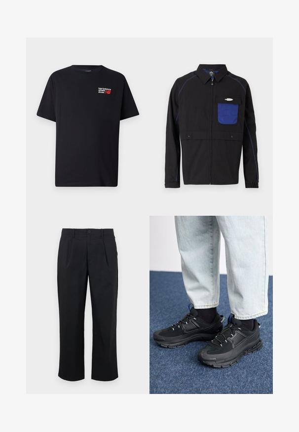 Schwarze Jacke mit einer blauen Netzbrusttasche, kontrastierenden blauen Nähten und Druckknöpfen. Entworfen mit einem Frontreißverschluss und langen Ärmeln.; Schwarzes Baumwoll-T-Shirt mit Rundhalsausschnitt. Verfügt über ein kleines rotes und weißes "New Balance"-Logo und Text im oberen linken Brustbereich.; Schwarze Hosen mit geradem Schnitt, ausgestattet mit Falten an der Vorderseite, einem Knopfverschluss und glatter Stoffoberfläche.; Schwarze Sportschuhe aus strukturiertem Stoff mit Gummisohlen, ausgestattet mit elastischen Schnürsenkeln und einem blauen Akzent an der Ferse. Getragen mit hellen Jeans.