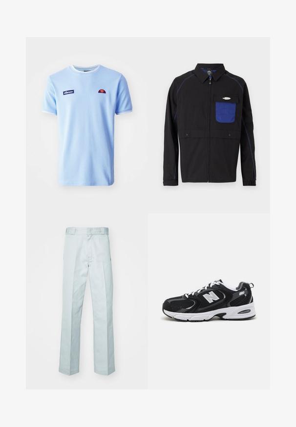 Chaqueta negra con un bolsillo de malla azul en el pecho, costuras azules en contraste y botones a presión. Diseñada con un cierre frontal de cremallera y mangas largas.; Ellesse BELVIDER TEE - Camiseta estampada - light blue; Pantalones de algodón azul claro con un diseño de pierna recta, que presentan líneas de pliegue sutiles y una textura suave, terminados con una cinturilla estándar.; Zapatillas deportivas en negro y gris con parte superior de malla y ante, que cuentan con una entresuela blanca, cordones y un llamativo logo "N" en el lateral.