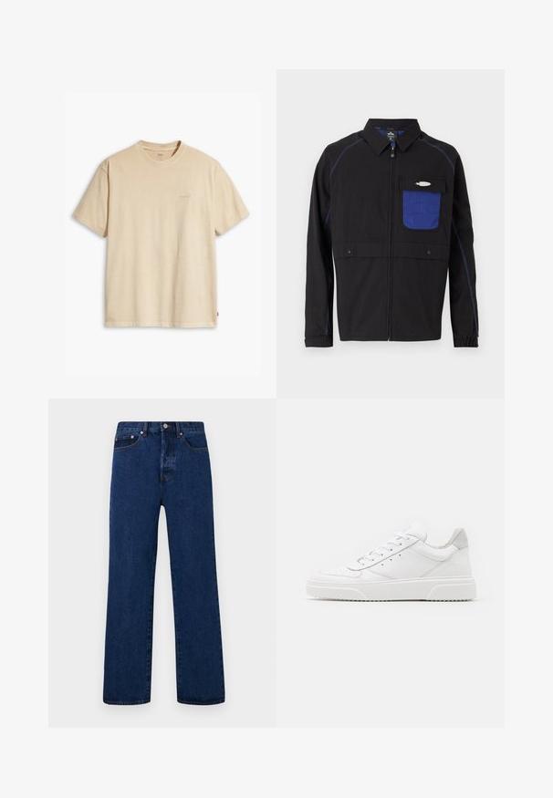 Sort jakke med en blå netlomme på brystet, kontrastfarvet blå syning og trykknapper. Designet med en frontlynlås og lange ærmer.; Beige bomulds t-shirt med rund hals og korte ærmer. Har et subtilt "Levi's" logo i samme farve på brystet. Blød tekstur.; Mørkeblå denimjeans med lige ben, der har orange syninger, knaplukning og to forlommer med kontrasterende nitter.; Hvide lædersneakers med en glat finish, rund tå, flade snørebånd og en struktureret sål. Grå ruskindsdetalje ved hælen.