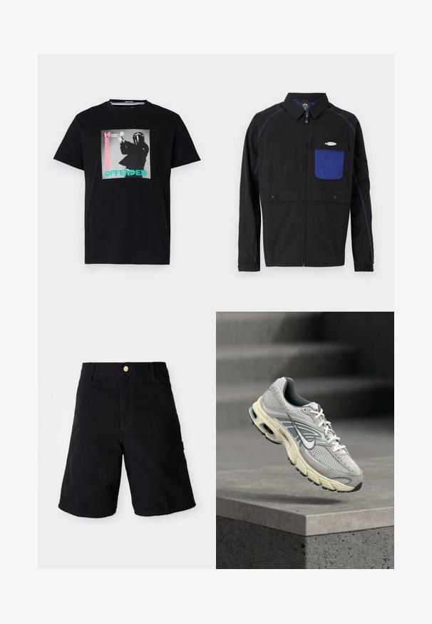 Zwarte jas met een blauwe mesh borstzak, contrasterende blauwe stiksels en drukknoopsluitingen. Ontworpen met een rits aan de voorkant en lange mouwen.; Zwarte katoenen t-shirt met een grafische print met de tekst "WEEKEND OFFENDER" en "London Calling", benadrukt in turquoise en roze.; Zwarte denim shorts met een knoopsluiting, voorzien van een rechte snit, zijzakken en versterkte stiknaden voor duurzaamheid.; Grijs-witte Nike hardloopschoen met gevoerde zool zweeft boven een betonnen trede in een buitenomgeving.