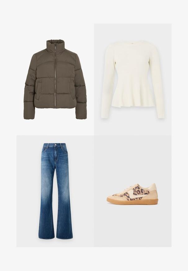 Gewatteerd jack in donkerolijfgroen, voorzien van een hoge kraag, een ritssluiting aan de voorkant en twee zijzakken; overal een doorgestikte textuur.; Langsleeve, geribbelde trui in off-white met een ronde halslijn en uitlopende zoom. Zachte textuur met een getailleerd lijfje en vloeiende onderkant.; Uitlopende blauwe denim jeans met een vervaagde wassing, vijf zakken, ceintuurlussen en een sluiting met een knoop aan de voorkant. Soepele textuur en klassieke snit.; Luipaardprint sneakers met een beige suède bovenkant, tan rubberen zool en witte accenten. Ronde neus en vetersluiting met een gestructureerde afwerking.