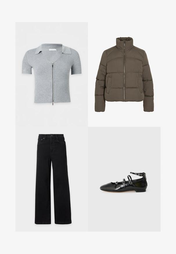 Doudoune vert olive foncé, avec un col montant, une fermeture éclair frontale et deux poches latérales ; texture matelassée sur toute la surface.; Cardigan gris clair côtelé à manches courtes avec col et fermeture éclair argentée sur fond blanc.; Jean noir taille haute à jambes larges avec fermeture à bouton et zip devant, passants de ceinture et poches avant et arrière, présenté sur fond blanc.; ALDO NELTA - Ballerines - black