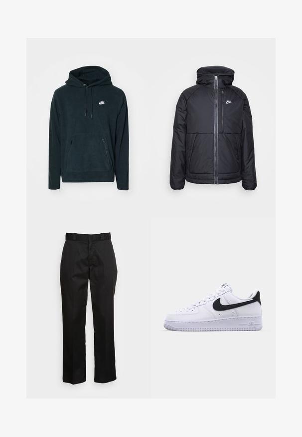 Chaqueta acolchada negra con capucha, que cuenta con una cremallera frontal completa, puños elásticos y el logo de Nike en la parte superior izquierda. Textura suave.; Sudadera de felpa negra con un bolsillo tipo canguro en la parte frontal y dos bolsillos laterales con cremallera. Incluye una capucha con cordones y un logo de Nike en blanco.; Pantalones negros hechos de una tela suave, con un diseño de pierna recta, trabillas para cinturón y dos bolsillos laterales. Un aspecto clásico sin adornos.; Zapatilla blanca de cuero con un Swoosh negro texturizado, cordones planos y una suela de goma con un patrón estriado. "AIR" está grabado en el talón.