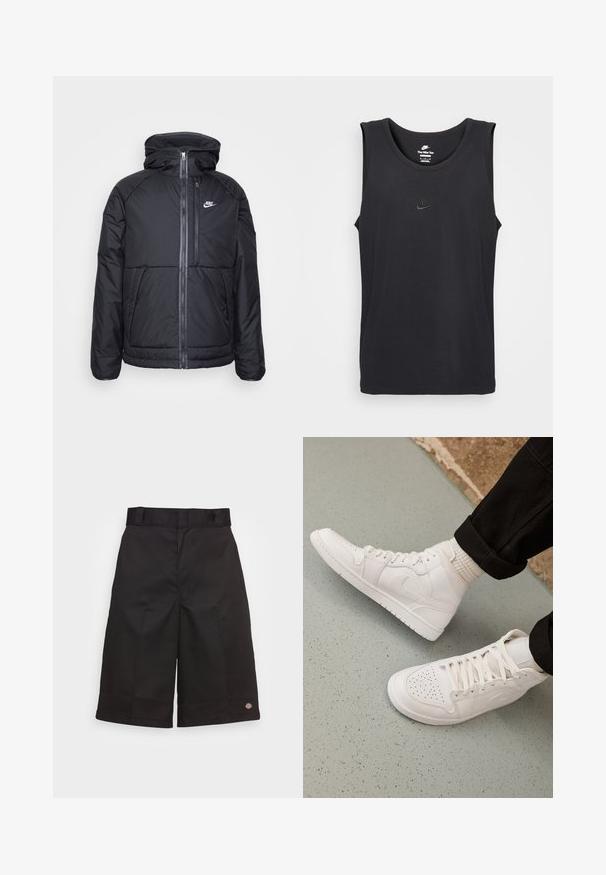 Schwarze Puffjacke mit Kapuze, ausgestattet mit einem durchgehenden Reißverschluss, elastischen Bündchen und einem Nike-Logo auf der oberen linken Seite. Glatte Textur.; Schwarzes ärmelloses Nike-Tanktop aus Baumwolle, mit runder Ausschnittlinie und einem kleinen eingeprägten Logo auf der Brust. Glatter Stofftextur.; Schwarze Baumwollshorts mit geradem Schnitt, knielang, mit sichtbar eingesticktem Markenzeichen am Saum und einer glatten Textur.; Weisse High-Top-Sneaker aus glattem Leder mit perforierter Zehenpartie, Schnürverschluß und dezentem Logodetail an der Seite. Strukturierte Gummisohle.