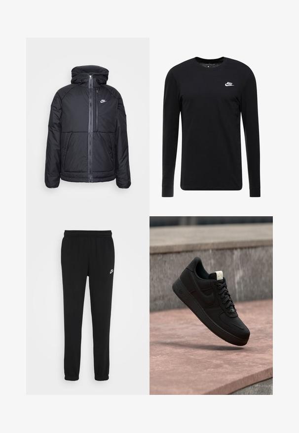 Sort puffjakke med hætte, der har en fuld frontlynlås, elastiske manchetter, og et Nike-logo på den øverste venstre side. Glat tekstur.; Sort langærmet T-shirt lavet af bomuld, med rund hals, ribbede manchetter og et lille hvidt Nike-logo på brystet.; Sorte sweatpants med elastisk talje, ribbede ankler og et lille hvidt Nike-logo på venstre side. Fremstillet af blødt strukturstof.; Sort Nike Air Force 1 sneaker, der svæver over en lyserød betonforkant med en grå stenet baggrund, som viser sidde- og topdetaljer.