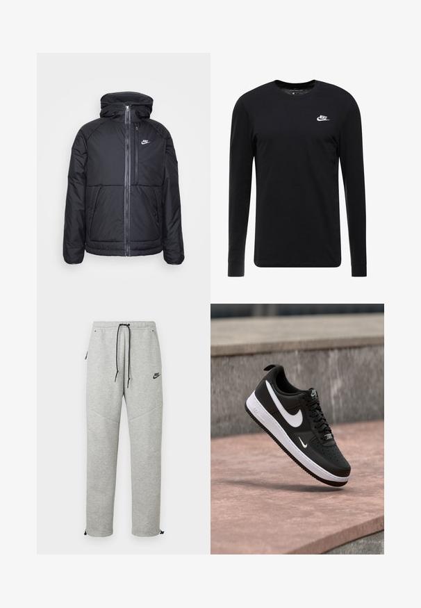 Zwarte gewatteerde jas met capuchon, voorzien van een volledige rits aan de voorkant, elastische manchetten en een Nike-logo aan de bovenkant aan de linkerkant. Soepele textuur.; Zwart langemouwen T-shirt van katoen, met een ronde hals, ribgebreide manchetten en een klein wit Nike-logo op de borst.; Grijze Nike trainingsbroek met een verstelbare tailleband, zijzakken en elastische boorden. Heeft een soepele textuur en contrasterende zwarte logo-details.; Zwart-witte Nike Air Force 1 sneaker zwevend boven een roze betonnen oppervlak met een achtergrond van grijze stenen.