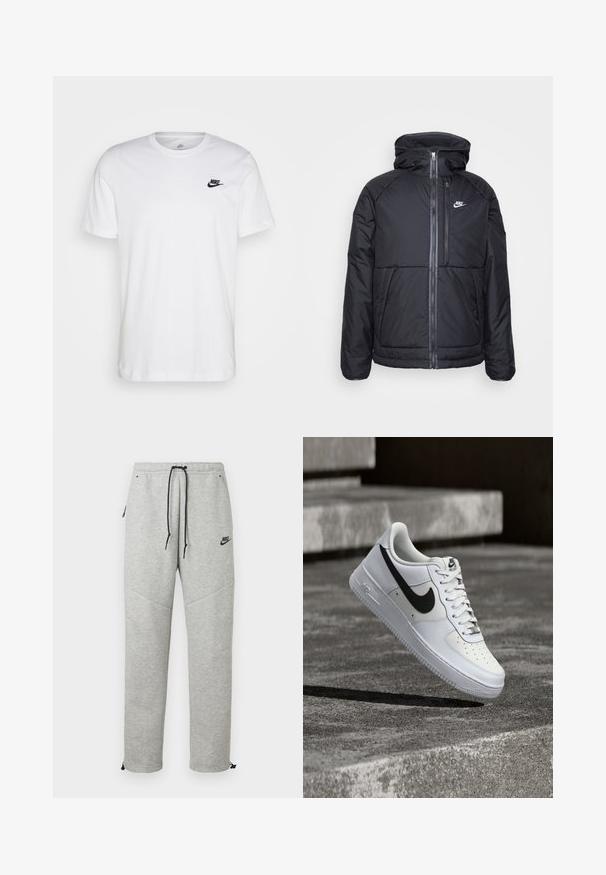 Zwarte gewatteerde jas met capuchon, voorzien van een volledige rits aan de voorkant, elastische manchetten en een Nike-logo aan de bovenkant aan de linkerkant. Soepele textuur.; Witte katoenen t-shirt met ronde hals, korte mouwen en een zwart Nike-logo op de linkerkant van de borst. Eenvoudig, effen kleur ontwerp.; Grijze Nike trainingsbroek met een verstelbare tailleband, zijzakken en elastische boorden. Heeft een soepele textuur en contrasterende zwarte logo-details.; Witte Nike Air Force 1 sneaker met zwarte swoosh, veters gestrikt, zwevend in de lucht boven een gestructureerd betonnen oppervlak buiten.