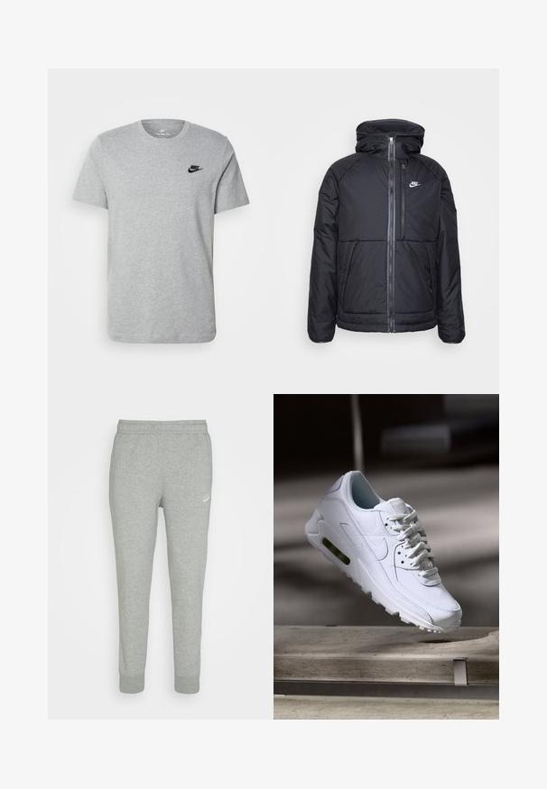 Sort puffjakke med hætte, der har en fuld frontlynlås, elastiske manchetter, og et Nike-logo på den øverste venstre side. Glat tekstur.; Grå kortærmet T-shirt i bomuld med et sort Nike-logo på brystet og rund halsudskæring. Minimalistisk design uden mønstre.; Grå sweatpants lavet af blødt stof, med tapered ben design, elastisk talje og lille hvid Nike-logo på venstre lår.; Hvide lædersneakers med teksturerede overflader, polstret krave og synlig luftpolstring i sålen. Har snørrebånd og et minimalistisk design.