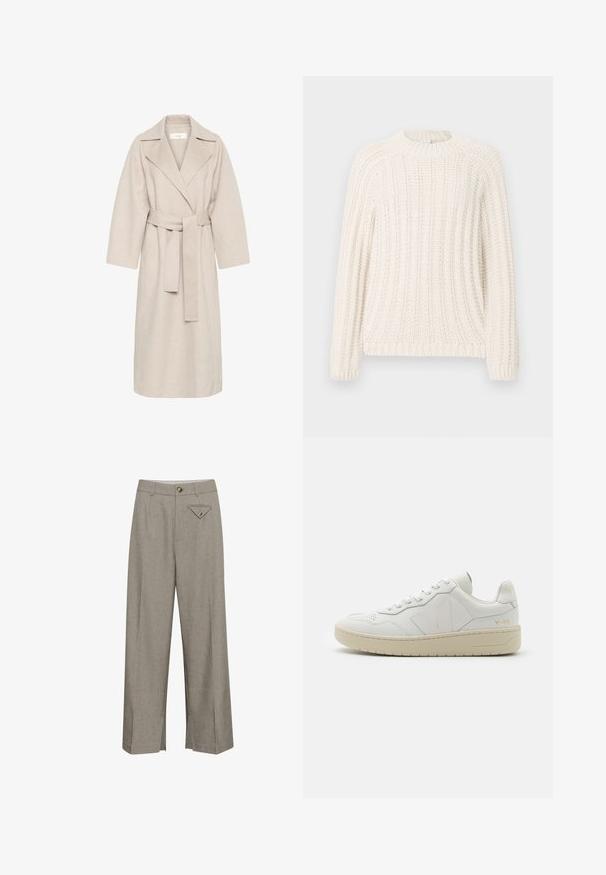 Manteau en mélange de laine beige avec un col à revers, une taille ceinturée et des manches larges. Il présente un design épuré et une longueur mi-mollet. Surface texturée.; Pull en tricot couleur crème avec une texture côtelée, col rond et manches longues. Présente une coupe décontractée et un ourlet droit.; Pantalons à jambes larges en tissu gris clair, avec une fermeture à bouton à l'avant, deux poches latérales et une poche arrière décorative en forme de losange.; Baskets en cuir blanc avec une boîte à orteils perforée, semelle en caoutchouc beige contrastante et accents de logo sur le côté et le talon. Design minimaliste.