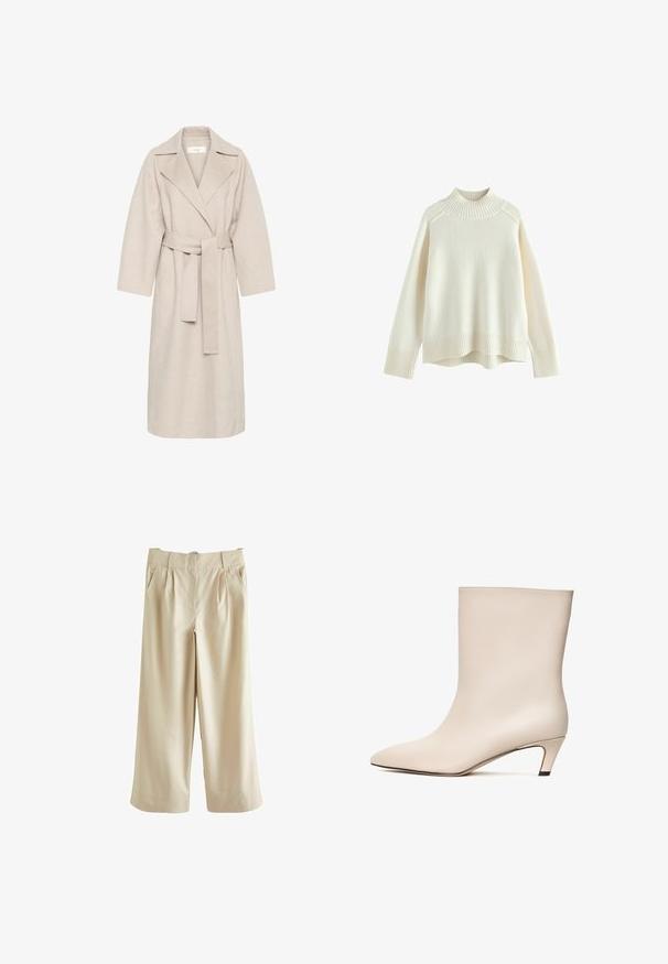 Beige wollen mengstof jas met een gekarteld kraag, een ceintuur in de taille en brede mouwen. Heeft een strak design en een middellange zoom. Gestructureerd oppervlak.; Crèmekleurige trui met een geribbelde hoge hals, lange mouwen en een relaxte pasvorm. Getextureerde gebreide stof en geribbeld zoomdetail aan de onderkant.; Next SMART WIDE LEG - Broek - stone; Beige leren enkelboot met een pointed toe en een conische hak. Gladde textuur met minimale stiknaden en een slanke silhouet.