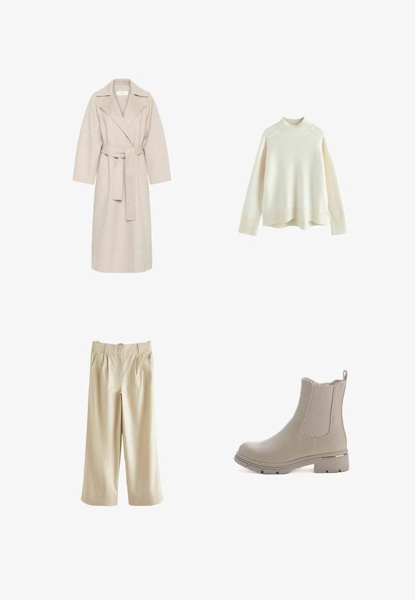 Beige wollen mengstof jas met een gekarteld kraag, een ceintuur in de taille en brede mouwen. Heeft een strak design en een middellange zoom. Gestructureerd oppervlak.; Crèmekleurige trui met een geribbelde hoge hals, lange mouwen en een relaxte pasvorm. Getextureerde gebreide stof en geribbeld zoomdetail aan de onderkant.; Next SMART WIDE LEG - Broek - stone; Beige enkelboot met een gladde leren afwerking en elastische zijpanelen. Heeft een chunky zool en een gouden accent op de hak.