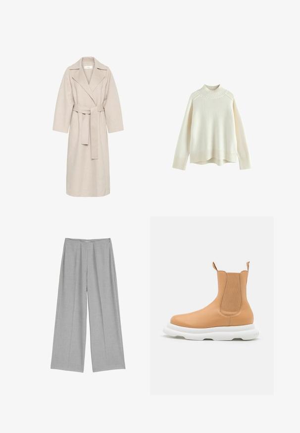 Beige uldblandakot med en klippet krave, bælte i taljen og brede ærmer. Har et rent design og mellemlangt skjorte. Tekstureret overflade.; Cremefarvet sweater med ribbet høj hals, lange ærmer og en afslappet pasform. Struktureret strikstof og ribbestykke detalje i bunden.; Lys grå bredbenede bukser med en plisseret front, der har en glat tekstur og en diskret sidelukning med lynlås.; A.W.A.K.E. MODE CASUAL ARIANA BOOT - Plateaustøvletter - beige/white
