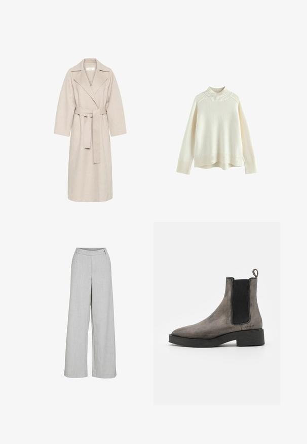 Beige uldblandakot med en klippet krave, bælte i taljen og brede ærmer. Har et rent design og mellemlangt skjorte. Tekstureret overflade.; Cremefarvet sweater med ribbet høj hals, lange ærmer og en afslappet pasform. Struktureret strikstof og ribbestykke detalje i bunden.; Lys grå vide bukser lavet af struktureret stof, med flad front, bæltestropper og et rent, skræddersyet udseende.; Grå læder chelsea støvle med tekstureret finish, elastiske sidedele, hængestrop og sort gummisål. Slank, taperet design med minimale accenter.