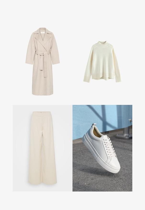 Beige villasegust coat, millel on sälgkurg, vöökohaga ja laiad varrukad. Omab puhtat disaini ja keskmise pikkusega äärt. Tekstuuritud pind.; Kreemivärvi kampsuniga, millel on soonikkoes kaelus, pikad varrukad ja lõdvestunud lõige. Tekstuuriga kudumkangas ja soonikdetailid alumises osas.; Beeži laiad püksid kõrge vöökohaga, kahe eesmine voldivi ja sile tekstuuriga. Valmistatud kergest ja hingavast kangast.; Valge nahkne tennisekets, millel on lamedad paelad, ümar varvas, kummist välistald ja väike tõmbeaas kand. Sile tekstuur ja minimaalsed disainielemendid.
