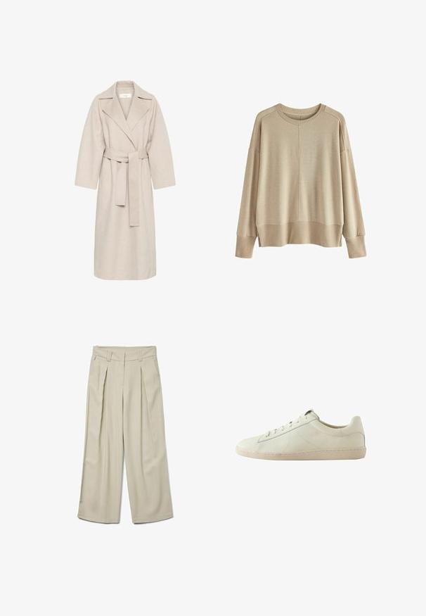 Beige uldblandakot med en klippet krave, bælte i taljen og brede ærmer. Har et rent design og mellemlangt skjorte. Tekstureret overflade.; Beige strikket sweater med en afslappet pasform, ribbede manchetter og kant, rund halsudskæring og dropped shoulders. Blød tekstur med minimale sømme.; Beige vide bukser med høj talje, der har frontfolder og en glat tekstur. Skræddersyet design med bæltestropper og ingen synlige lommer.; Lavskaftet hvid lædersneakers med tekstureret overflade, snørelukning og en beige gummisål, vist fra siden på en hvid baggrund.