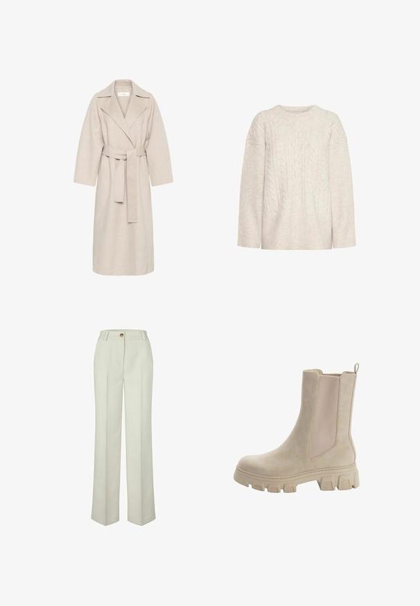 Manteau en mélange de laine beige avec un col à revers, une taille ceinturée et des manches larges. Il présente un design épuré et une longueur mi-mollet. Surface texturée.; Pull en maille torsadée crème avec un col rond et des poignets côtelés. Il présente un motif texturé et une coupe légèrement surdimensionnée.; Pantalon droit couleur écru avec passants pour ceinture et une fermeture à bouton unique à la taille.; Bottines Chelsea beiges avec un cuir lisse et des panneaux latéraux élastiques. Semelle en caoutchouc épaisse et robuste avec un motif de traction distinctif et une languette.