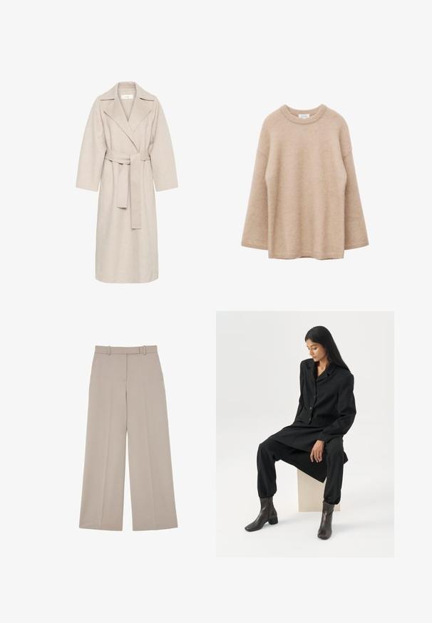 Beige uldblandakot med en klippet krave, bælte i taljen og brede ærmer. Har et rent design og mellemlangt skjorte. Tekstureret overflade.; Beige langærmet sweater med rund hals, blød og fnugget tekstur og løs pasform, vist mod en hvid baggrund.; Beige bukser med vide ben, bæltestropper, forlommer og presning ned langs midten af hvert ben.; Kvinde med langt mørkt hår, siddende iført en løs sort blazer, matchende vidde bukser og mørke ankelstøvler mod en ensfarvet hvid baggrund.