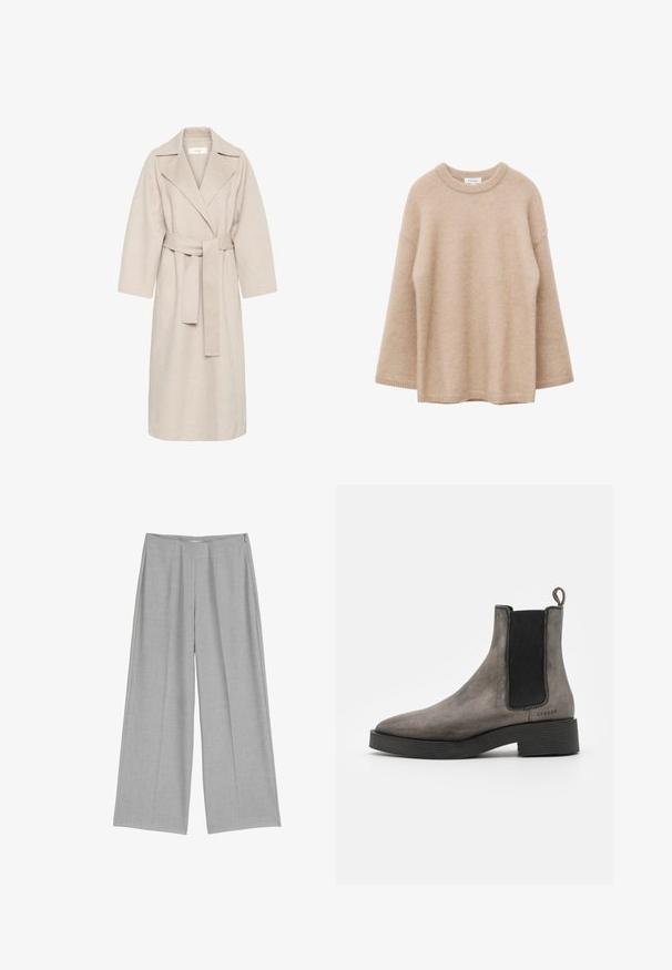 Beige uldblandakot med en klippet krave, bælte i taljen og brede ærmer. Har et rent design og mellemlangt skjorte. Tekstureret overflade.; Beige langærmet sweater med rund hals, blød og fnugget tekstur og løs pasform, vist mod en hvid baggrund.; Lys grå bredbenede bukser med en plisseret front, der har en glat tekstur og en diskret sidelukning med lynlås.; Grå læder chelsea støvle med tekstureret finish, elastiske sidedele, hængestrop og sort gummisål. Slank, taperet design med minimale accenter.