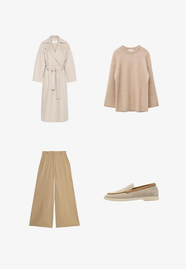 Beige uldblandakot med en klippet krave, bælte i taljen og brede ærmer. Har et rent design og mellemlangt skjorte. Tekstureret overflade.; Beige langærmet sweater med rund hals, blød og fnugget tekstur og løs pasform, vist mod en hvid baggrund.; Beige brede bukser lavet af et let væv, med to sidelommer, flad front og en glat overflade.; Lys beige ruskinds slip-on sko med en rund tå, brune læderdetaljer på toppen og en fleksibel cremefarvet gummisål.