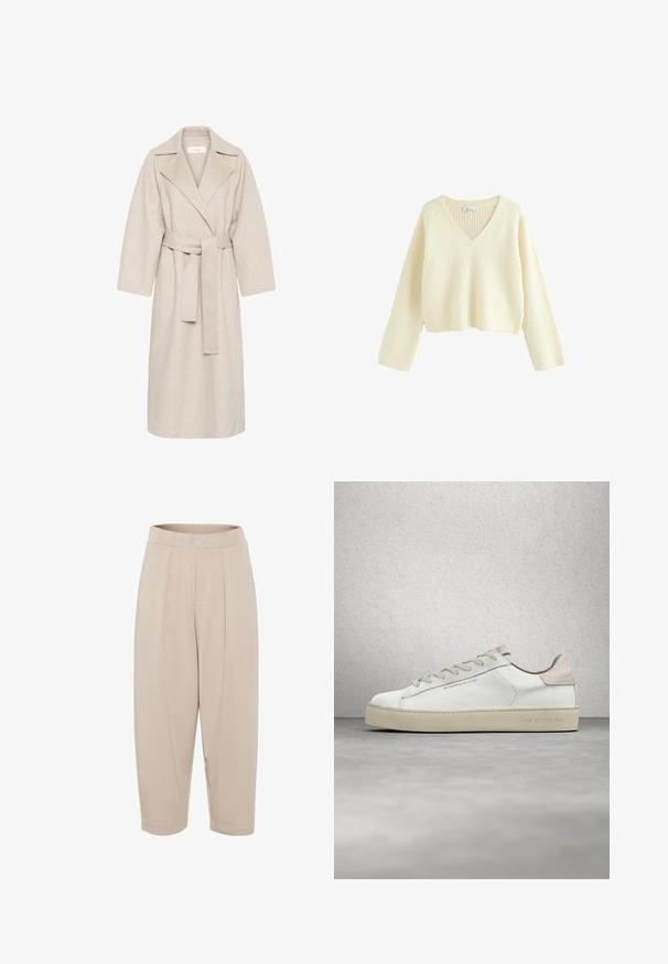 Beige uldblandakot med en klippet krave, bælte i taljen og brede ærmer. Har et rent design og mellemlangt skjorte. Tekstureret overflade.; Cremefarvet, cropped sweater med ribbet tekstur, V-hals og lange ærmer. Har en afslappet pasform og et enkelt design.; Beige, mellemlange bukser lavet af blødt stof. Har en bred talje, frontfolder og tætsiddende ben med opsamlede sømme.; Hvide lædersneakers med en glat overflade, beige ruskindsdetaljer, rund tå, flad snørebåndsdesign og en struktureret gummisål.