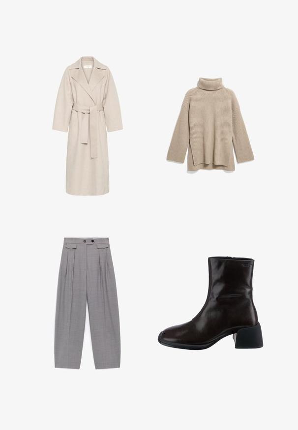 Beige uldblandakot med en klippet krave, bælte i taljen og brede ærmer. Har et rent design og mellemlangt skjorte. Tekstureret overflade.; Beige rillede turtleneck sweater med en afslappet pasform, der har lange ærmer og en sideslidskant, lavet af et blødt, tekstureret strikstof.; Grå bukser med høj talje og løs pasform, med folder, to sorte knapper på taljebåndet og klapsdetaljer nær hofterne.; Vagabond ANSIE - Støvletter - braun